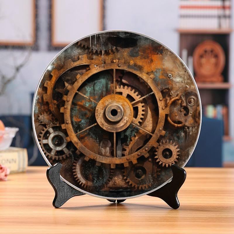 10 Inch Steampunk-Style Ceramic Plate with Display Stand for Home and Table Decor Rusty Metal Texture and Industrial Gears Design Perfect for Parties and Household Display