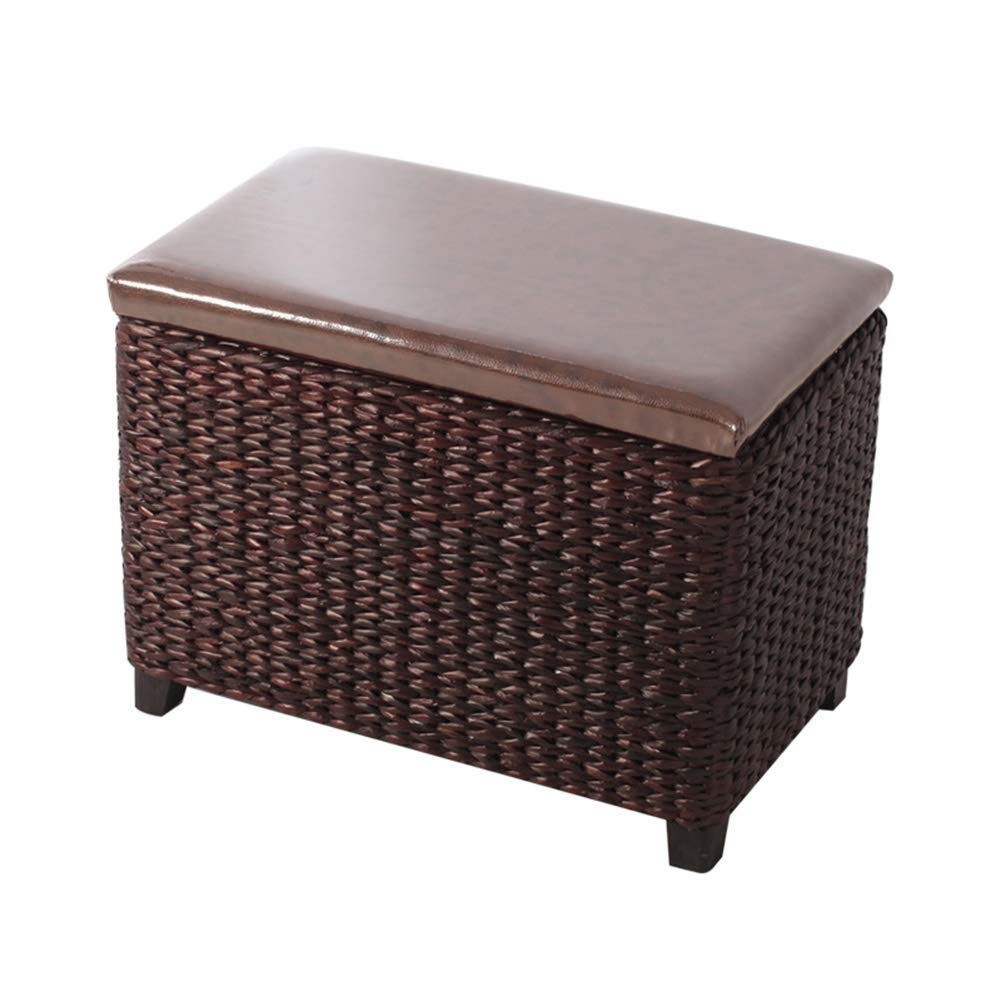 Banc à chaussures rectangle avec coffre de rangement intégré en bois et rotin
