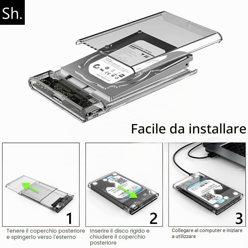 Sh. Case SSD HDD Hard Disk Esterno 2.5" SATA USB 3.0, 5Gbps Supportato UASP, Custodia SSD/HDD Portatile, Box Esterno per Disco Rigido, Adattatore SATA USB 3.0 per Laptop/PC/PS4/Xbox