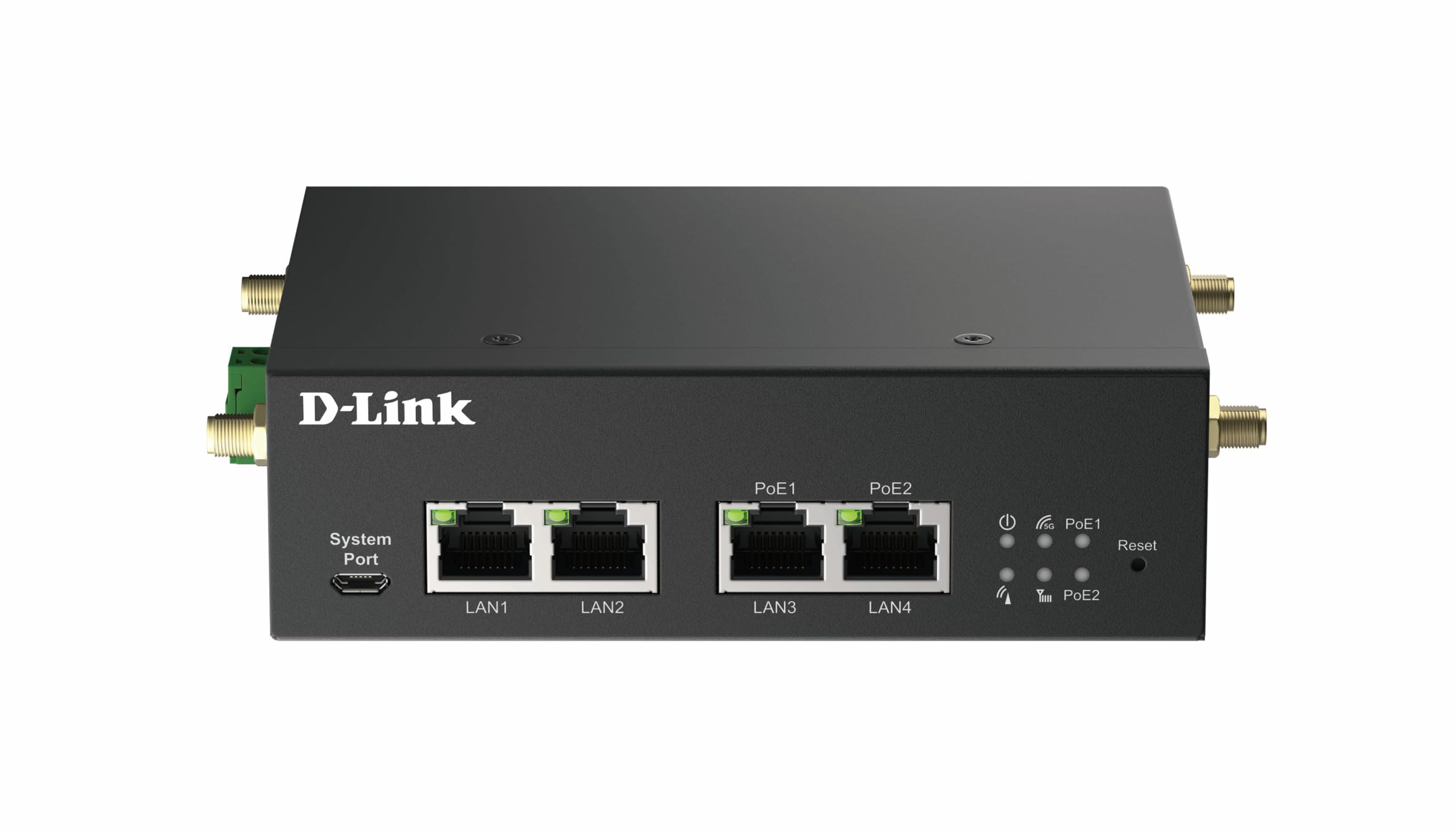 D-Link DWM-314-GP 5G M2M VPN PoE, Router industriale 5G NR robusto, Gateway IoT, Dual SIM, monitoraggio remoto, SA, NSA, 4G LTE Cat 19, 4 GbE, client OpenVPN/Wireguard, 48-57V DC