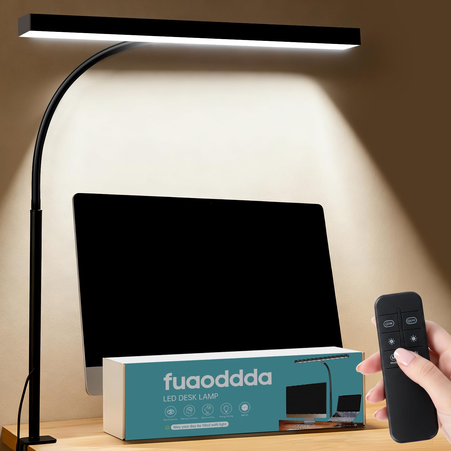 fuaoddda LED Desk Lamp for Home Office, T-Shaped Desk Light with Remote Control & Power Adapter, 5 Colour Temperatures, 10 Brightness Levels, Dimmable Office Desk Lamp for Study, Reading & Work