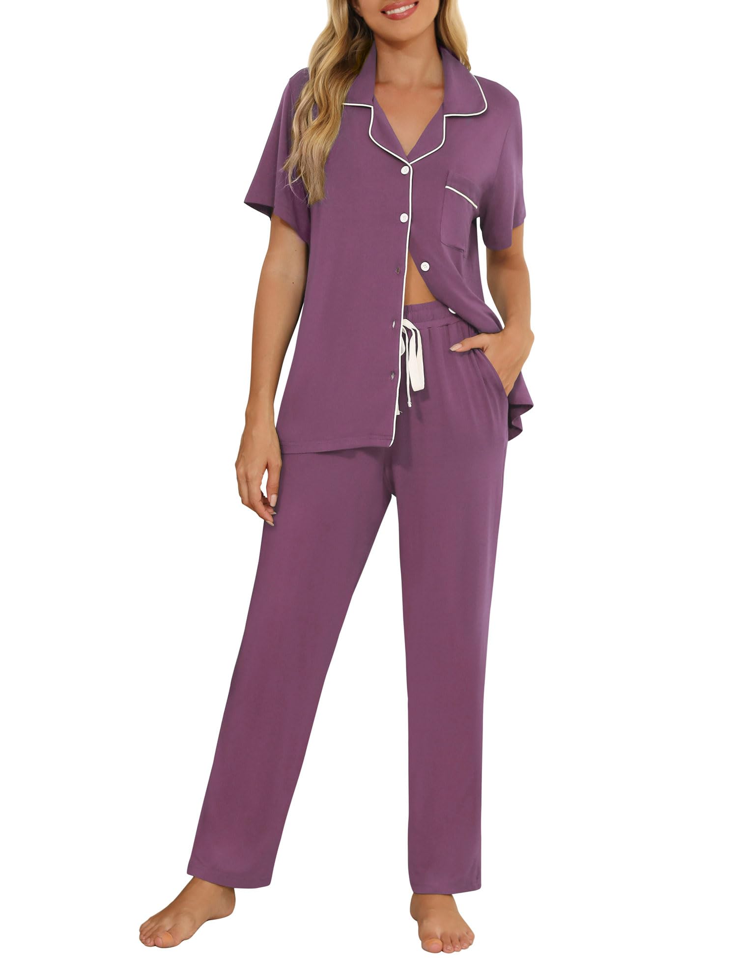 Senert Womens 2 Piece Pajamas Set Button Down Top and Pants Soft Sleepwear | Short Sleeve Lounge Sets with Pockets, Maternity/ Nursing /Postpartum Pjs Set, Bride Pjs Set for All Seasons