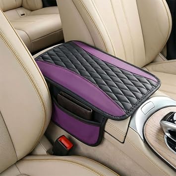 Car Center Console Cover, Soft Breathable Leather Car Armrest Box Pad with 2 Storage Pockets, Auto Interior Middle Console Non-Slip Protective Cushion for Cars, Trucks, SUVsPurple
