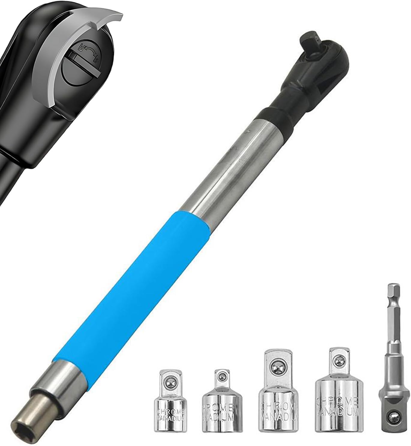 Offset Extension Wrench Impact, Electric Ratchet Wrench, Chain Drive Wrench Extender, Compatible with 1/2" Sockets, 4 Conversion Adapters, Slim Design for Tight Spaces,Plumbing Repair Tool