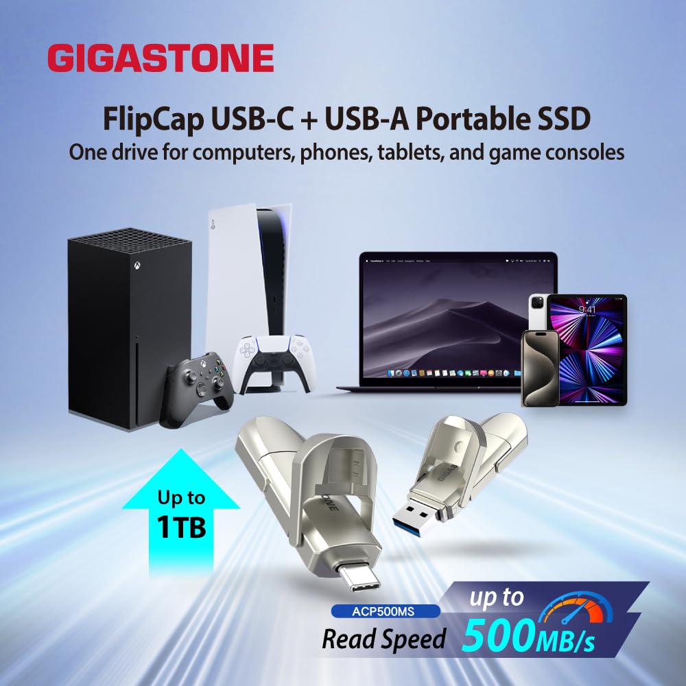 Gigastone SSD esterno 1TB, USB-A+C, fino a 500MB/s. Portatile per backup, compatibile con PS5, iPhone 16, MacBook, iPad, Xbox e Playstation. Supporta 4K 60fps ProRes, USB 3.2 Gen2