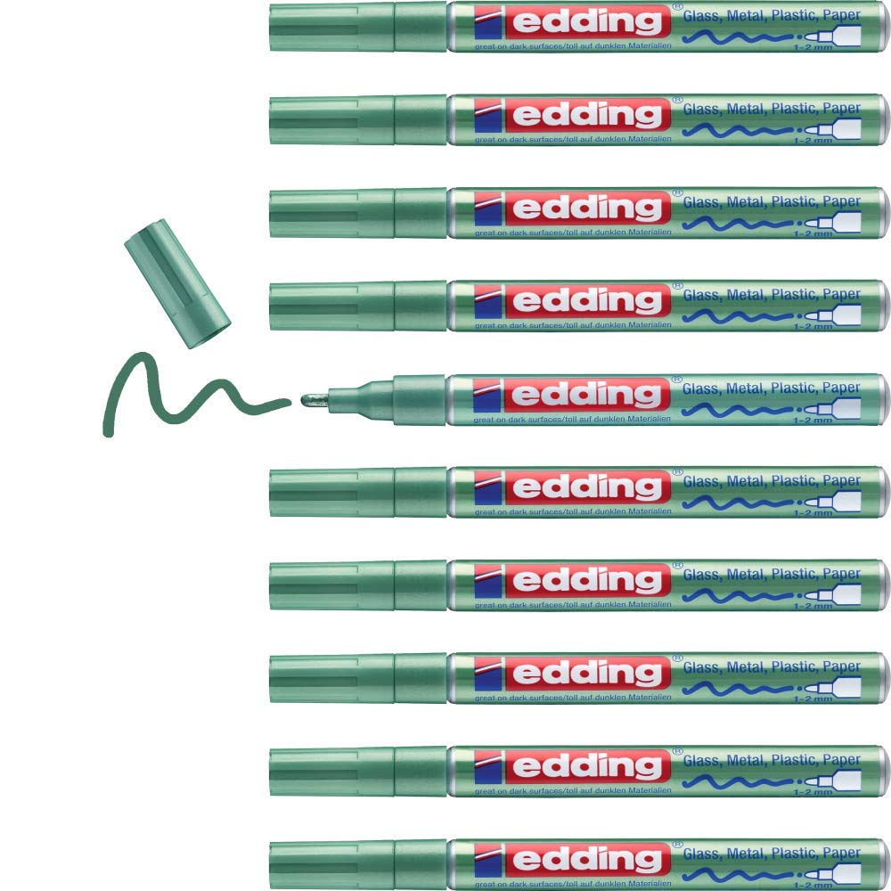 edding 751 gloss paint marker - green metallic - 10 paint markers - round tip 1-2 mm - paint pen for glass, pebbles, wood, plastic, paper - waterproof, high coverage