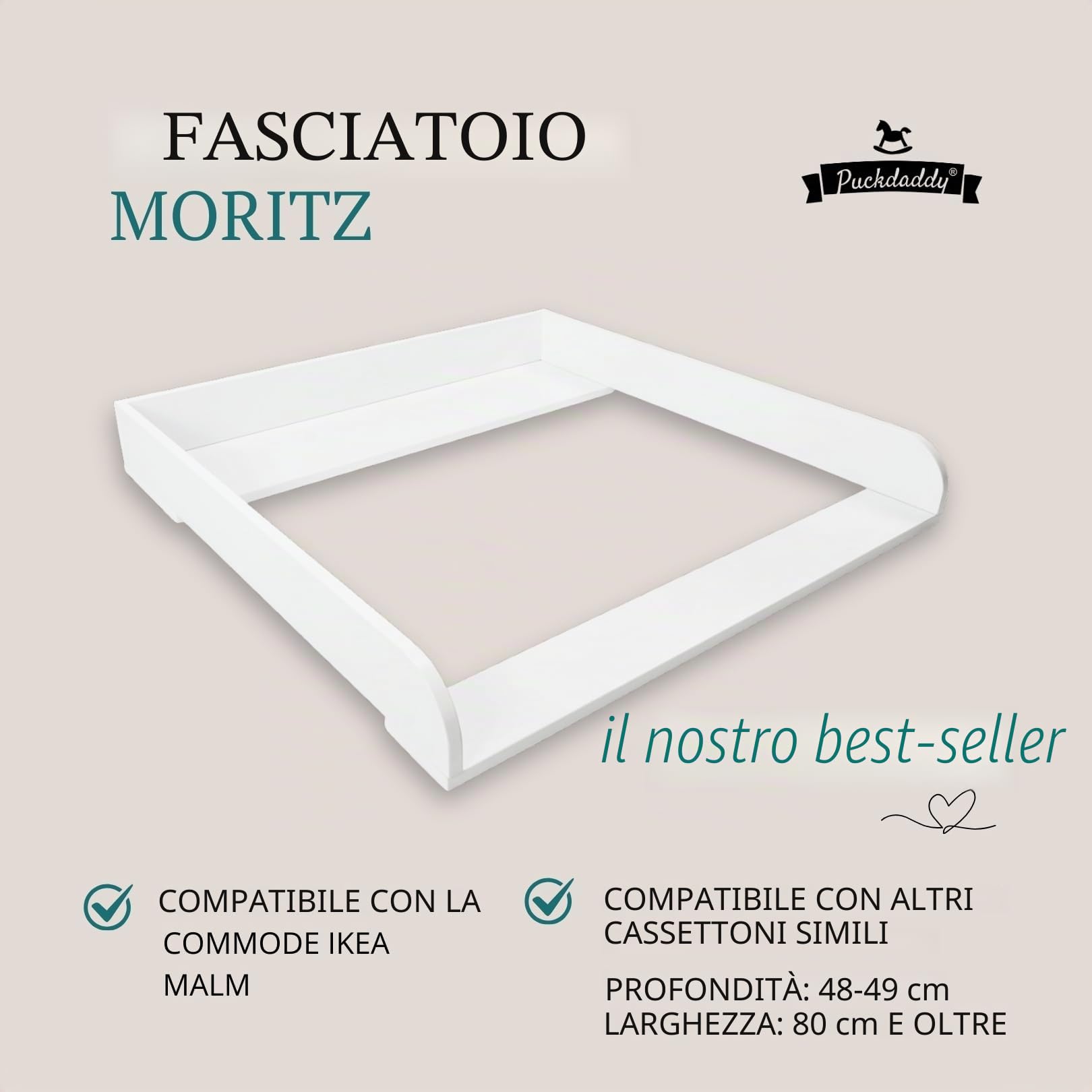 Puckdaddy - Moritz compatibile con cassettiera IKEA Malm e simili - fasciatoio in legno bianco 80x78x10 cm - fasciatoio di alta qualità incl. materiale di fissaggio per montaggio a parete