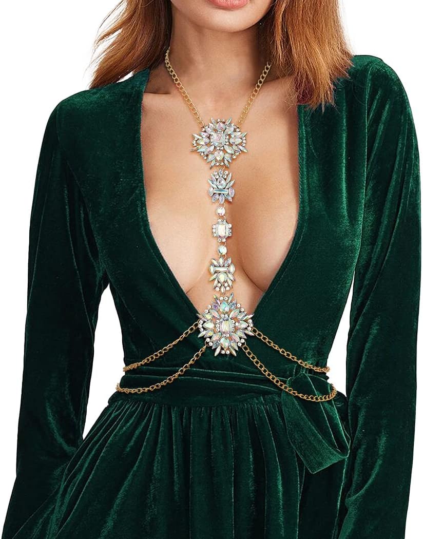 Crystal Chest Chain Gold Rhinestone Body Chain Shiny Necklace Body Accessories Jewelry for Women