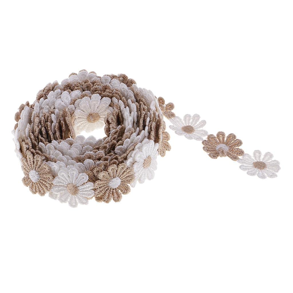 zalati Lace with Daisy Flower 5 Yards/ 180 inches Trims Embellishment for DIY Embroidered Sewing and Craft - White and Brown