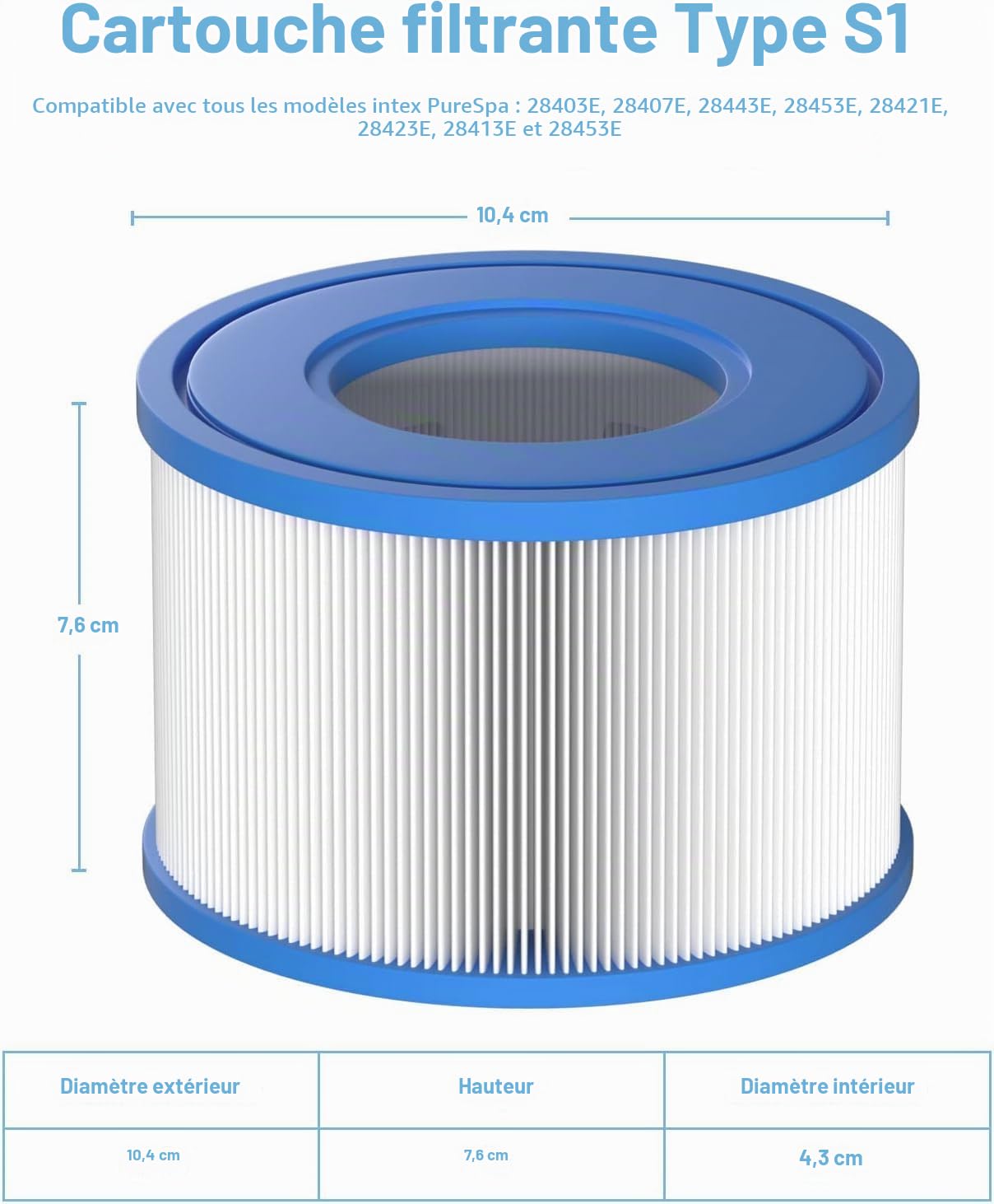 Filtre de Type S1 29001E Compatible avec Tous Les Spas Intex PureSpa 28429E, 28403E, 28407E, 28443E, 28453E, 28421E, 28423E, 28413E et 28453E, Pompe de Piscine 11692, SB-h10 et JPC01 (Lot de 6)