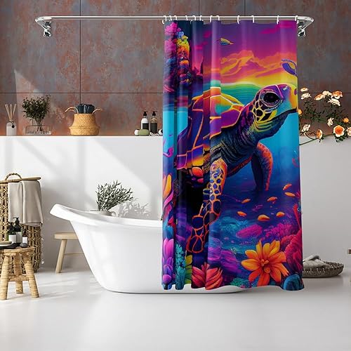 Miniatura 4 de Juego de cortinas de ducha de tela con temática náutica de tortugas marinas y océano, decoración de baño con ojales y ganchos, 72 x 72 pulgadas