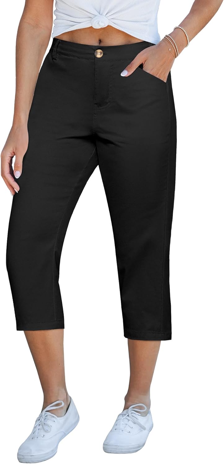 GRAPENT Capri Pants for Women Summer High Waisted Cotton Elastic Waist Dressy Casual Office Work Capris Trousers Pants