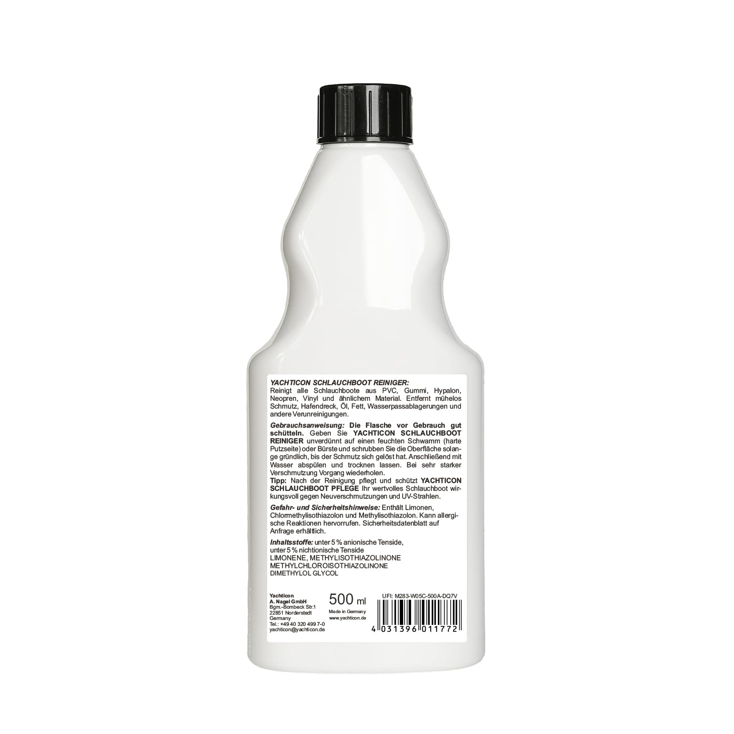YACHTICON Schlauchboot Reiniger & Pflege Set 2x500 ml – Spezial Set für Schlauchboote aus PVC, Gummi & Hypalon – Reinigung & UV-Schutz in einem – entfernt Öl, Schmutz & Wasserpass-Ablagerungen
