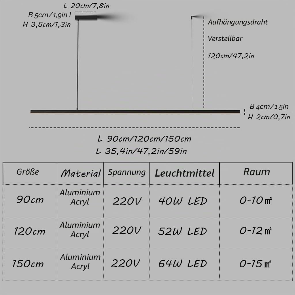 Dimmbar LED Pendelleuchte Moderne Esstisch Schwarz Hängeleuchte Mit Fernbedienung Pendellampe Linear Design Höhenverstellbar Kronleuchter Lampe Für Esszimmer Küche Büro Hängeleuchte 120cm,52W