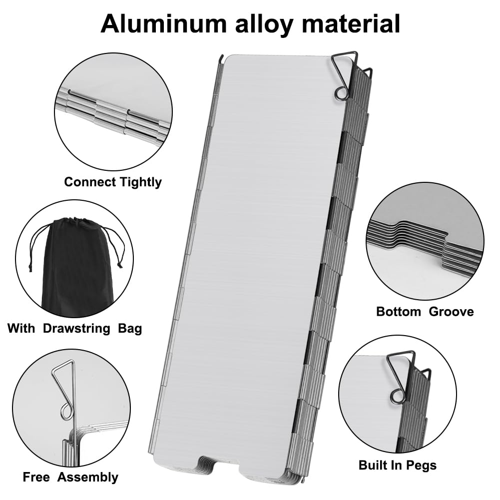 16 składanych aluminiowych płyt przeciwwietrznych do pieca kempingowego, aluminiowa osłona przeciwwietrzna do pieca kempingowego z torbą do przechowywania, przenośna osłona przeciwwietrzna do