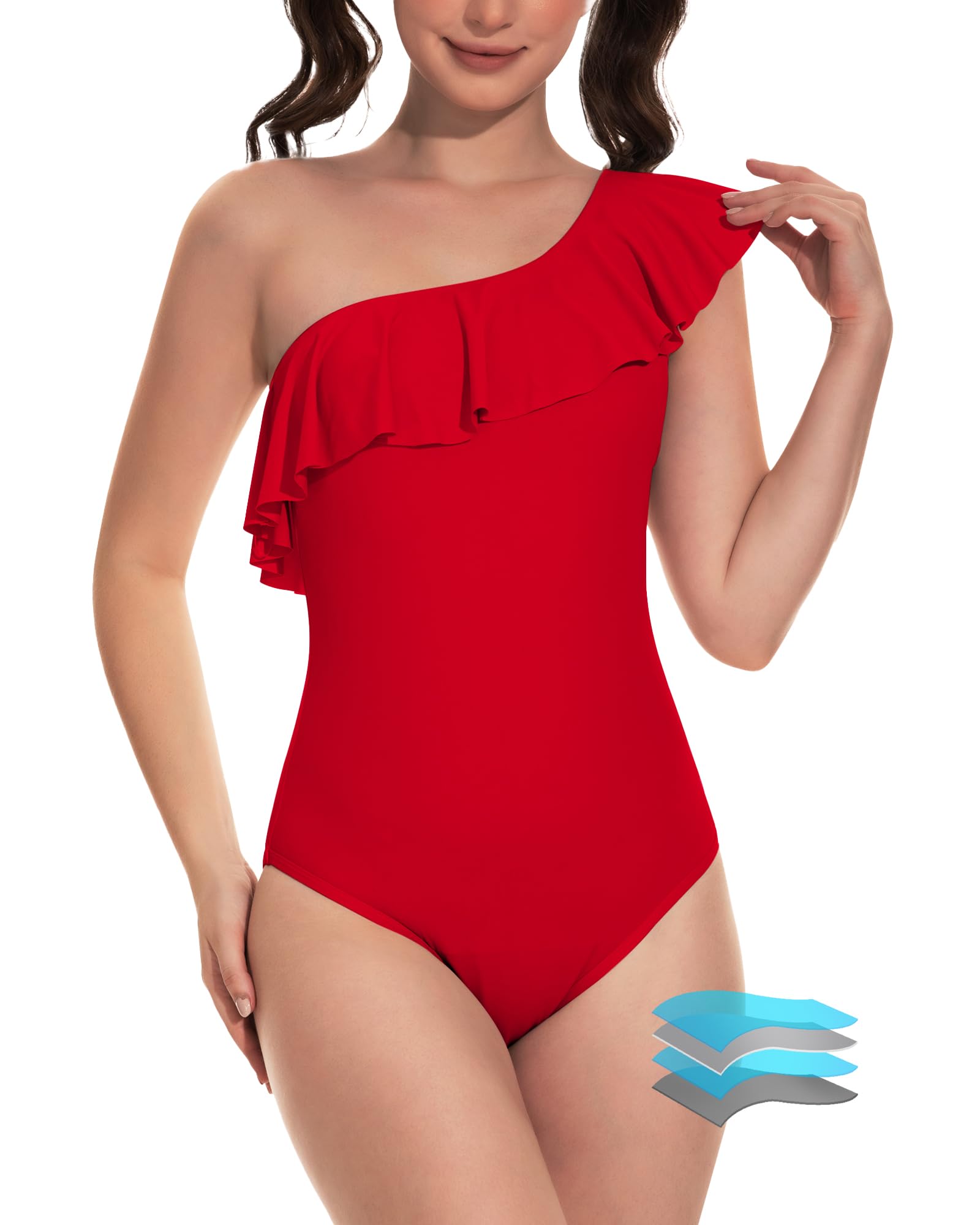 Beautikini Period Swimwear One Piece Menstrual Leakproof Swimsuit One Shoulder Ruffle Bathing Suits for Girls Teens