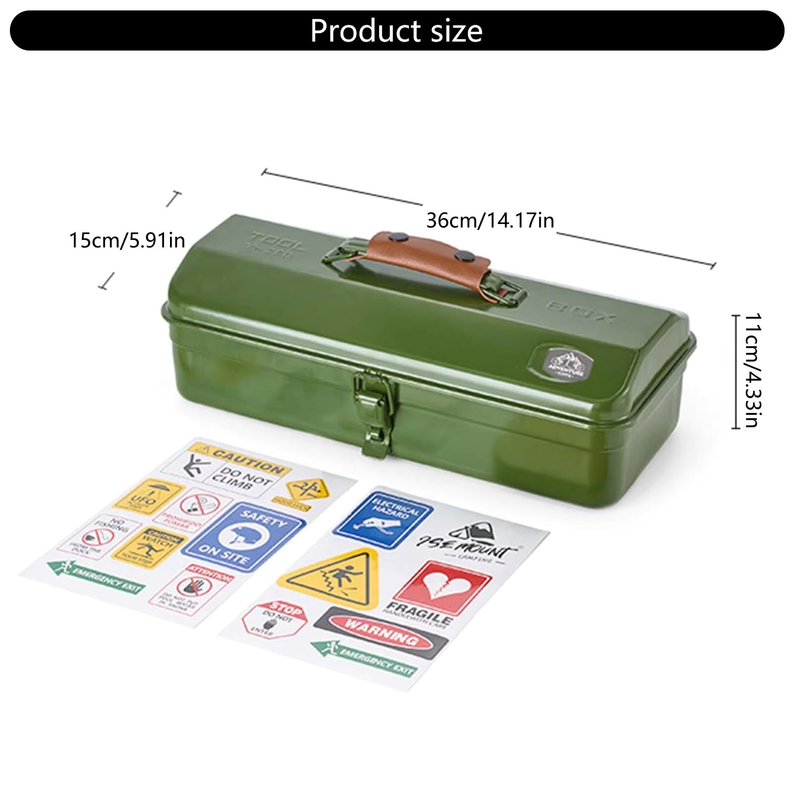 Caja de herramientas de metal con calcomanías, pequeñas cajas de herramientas portátil, caja de almacenamiento de metal de mano, caja de herramientas de metal para exteriores