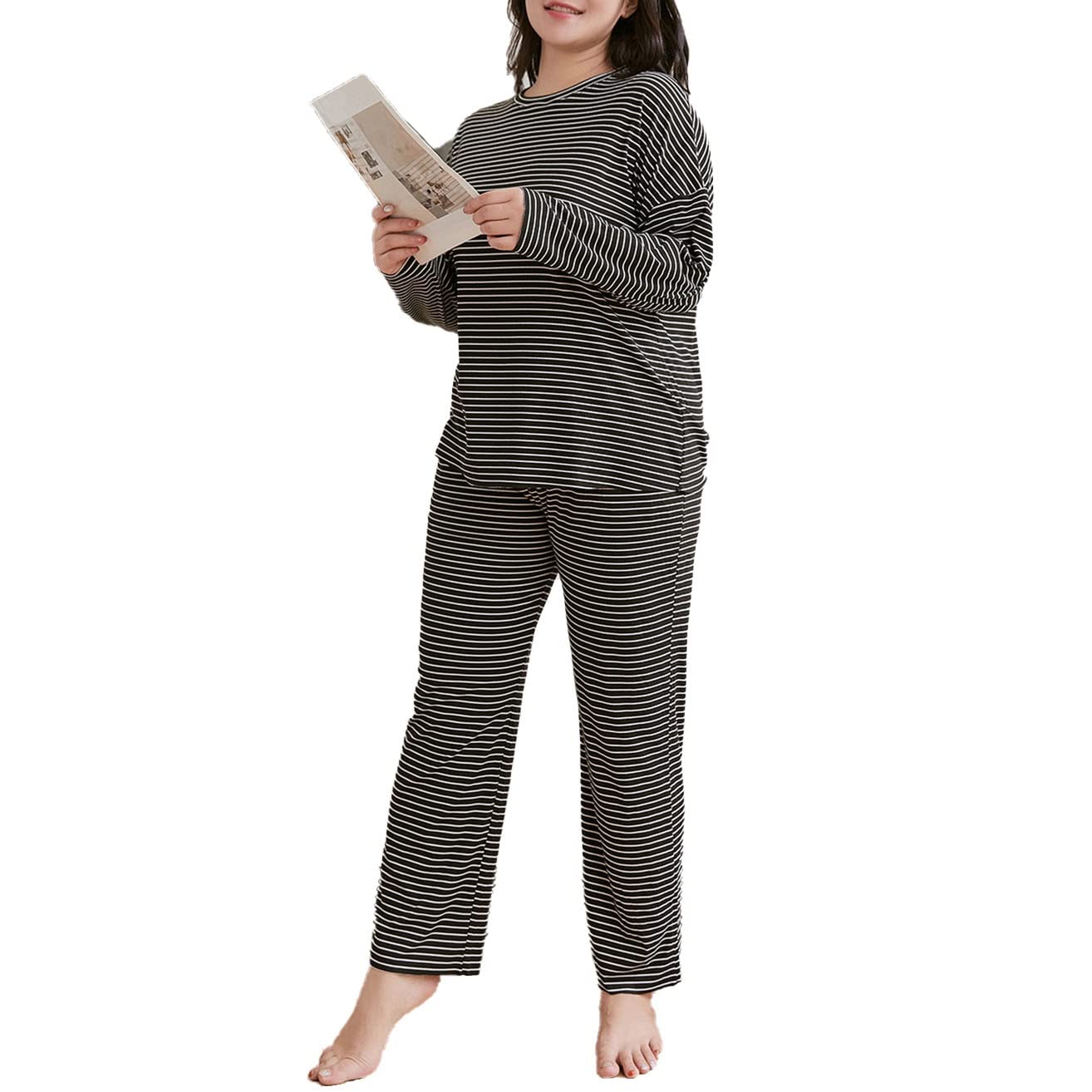 Pijamas De Tamaño Para Las Niñas De Las Mujeres De Manga Larga Y Pantalones Loungewear Sleepwear Camisón De Dormir Suave Vestido De Dormir Para Otoño De Invierno Evening Coat ( Color : Black , Size :
