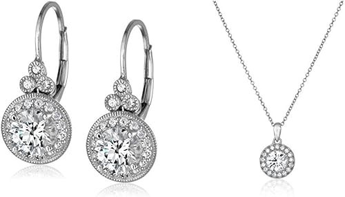 Tienda Collection Juego de collar con halo de circonita Swarovski de plata de ley chapada en platino y aretes de halo vintage con cierre de palanca,