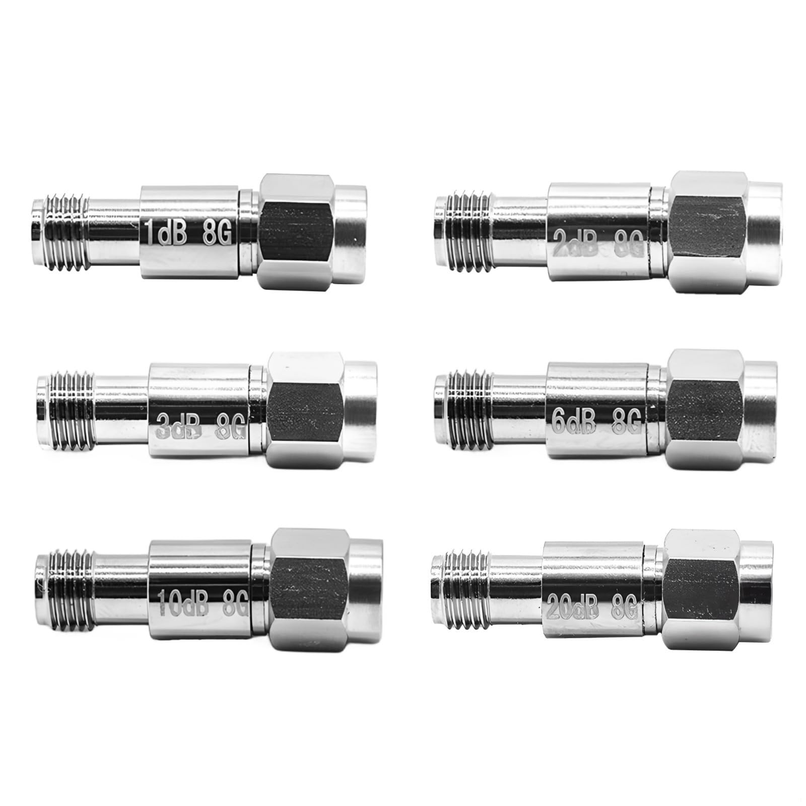 Bosreroy 6 Pcs Fixed Rf Attenuators, SMA Coaxial 2W, Dc-8G Range, 1Db to 20Db, Compact Copper/Stainless Steel
