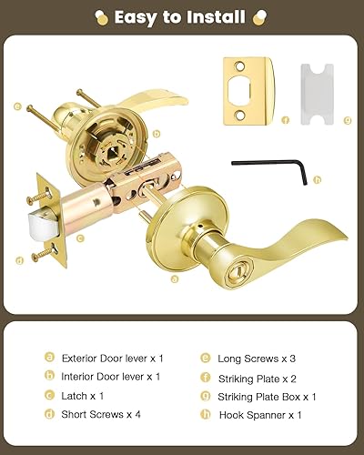 Miniatura 7 de Gobrico Drop-Style Bedroom Bathroom Door Locksets Privacy Levers in Polished Brass,Interior Door Locks,6Pack