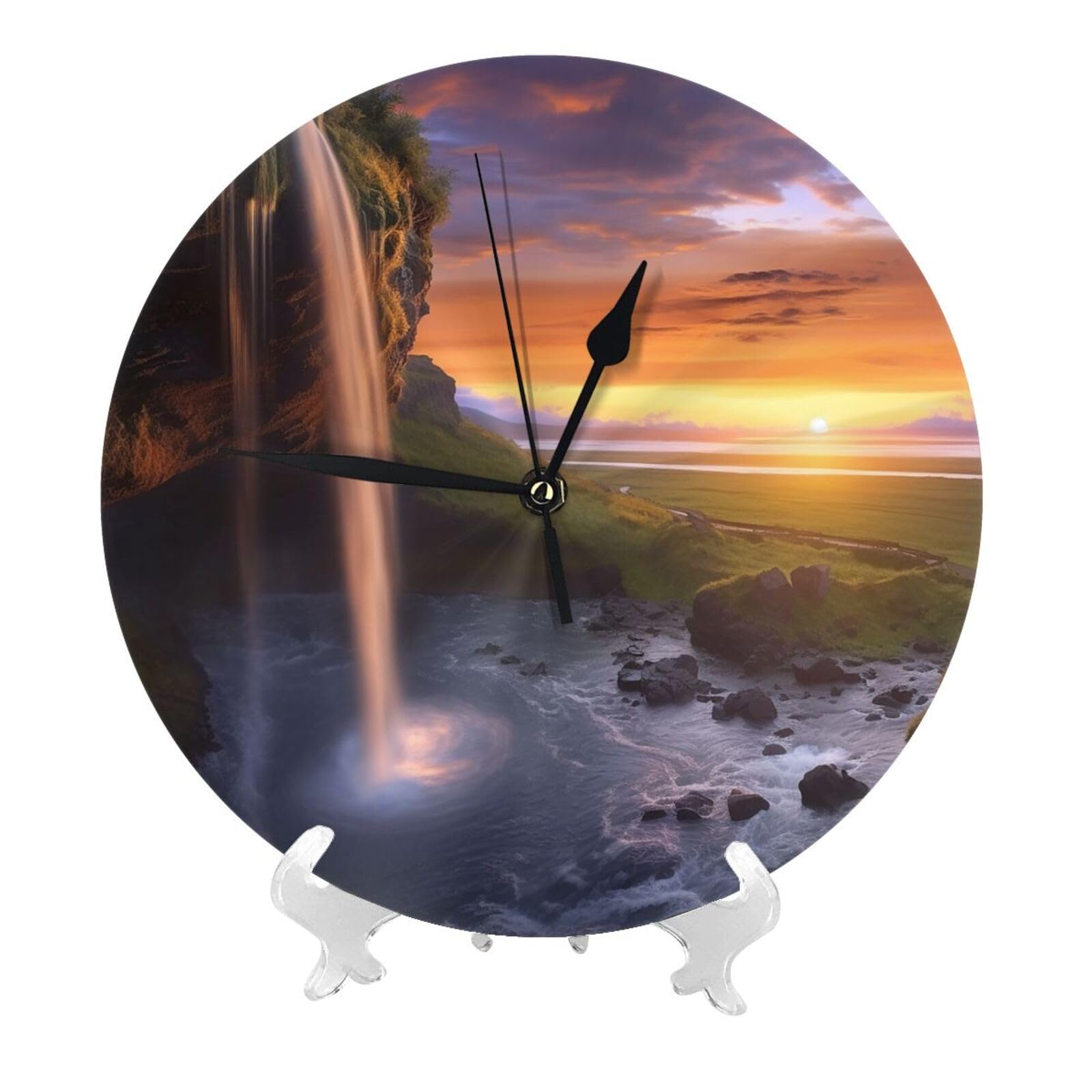 DWVTSLH Waterfall at Sunset Wall Clock 10 Inch Silent Non-Ticking Modern Clocks Battery Operated - Decorative Wall Clocks for Bedroom Living Room Kitchen Office Wall Decor Gift Idea