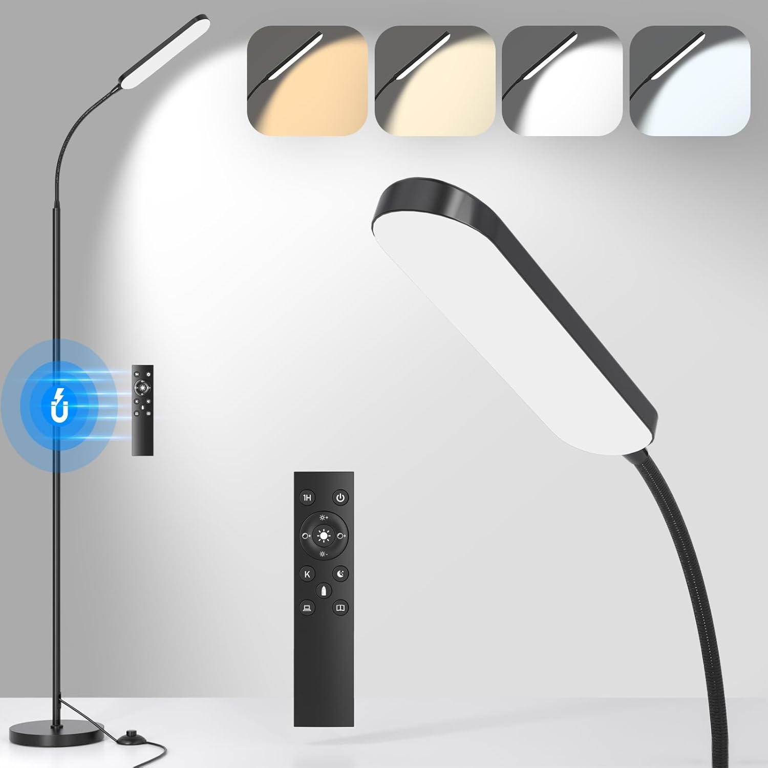 LED Floor Lamp with Remote Control Foot Switch for Living Room, Stepless Adjustable Colour Temperature Brightness Standing Lamp with Timer, Eye Caring Tall Lamp Reading for Bedroom,office, Gift Black
