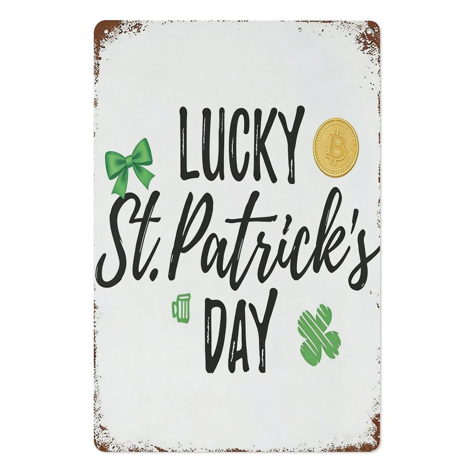 peiyeety Lucky St Patrick’s Day Metal Tin Sign 8x12 Inch, Green Bow Clover Coin Pub Bar Wall Decor Plaque, Irish Holiday Wall Art