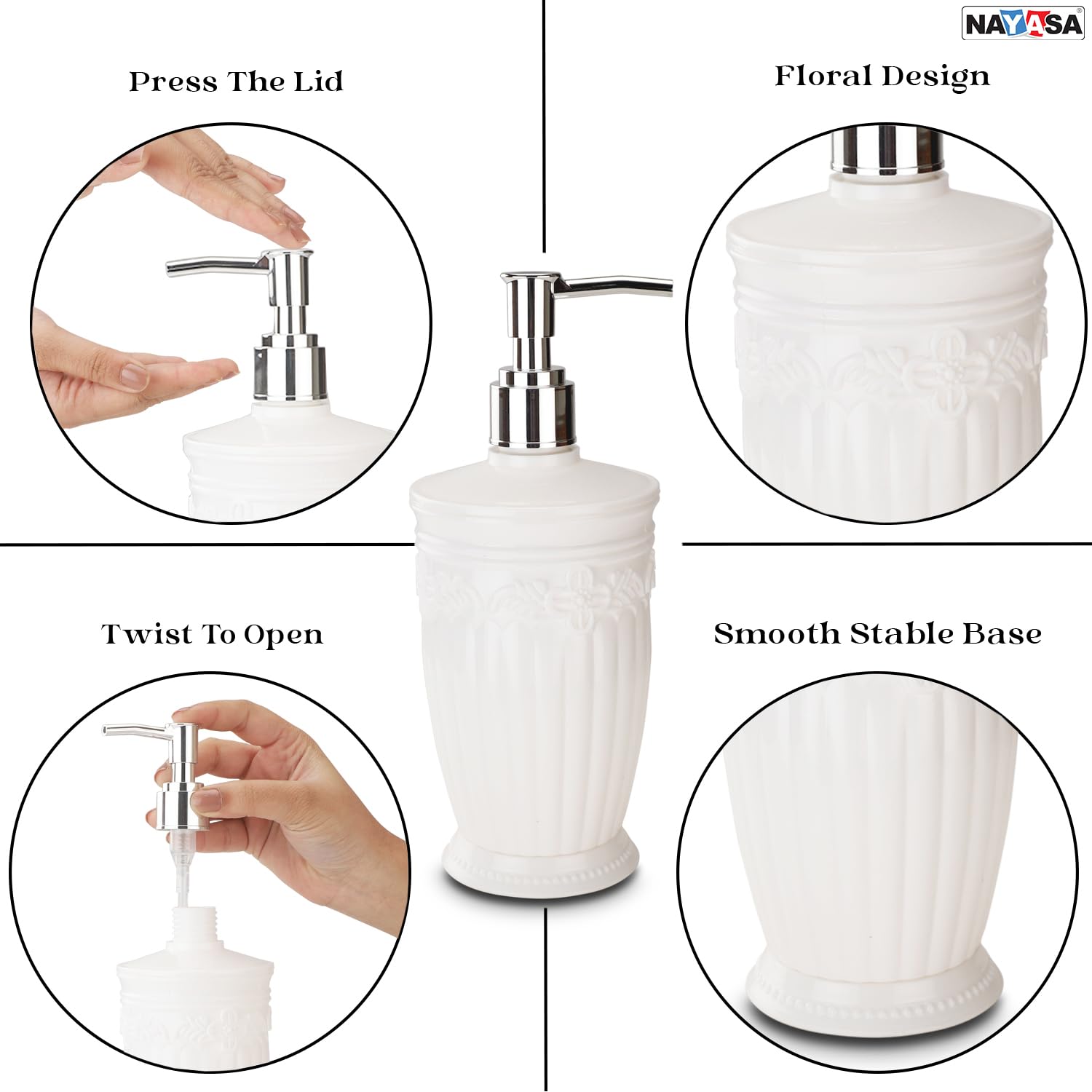 Nayasa Bianca Soap Dispenser Set of 2, Classy Embossed Floral Design Liquid Soap Dispenser with Pump, Can Be Used for Handwash, Lotion, Sanitizer, Shampoo, for Home & Kitchen, White 2
