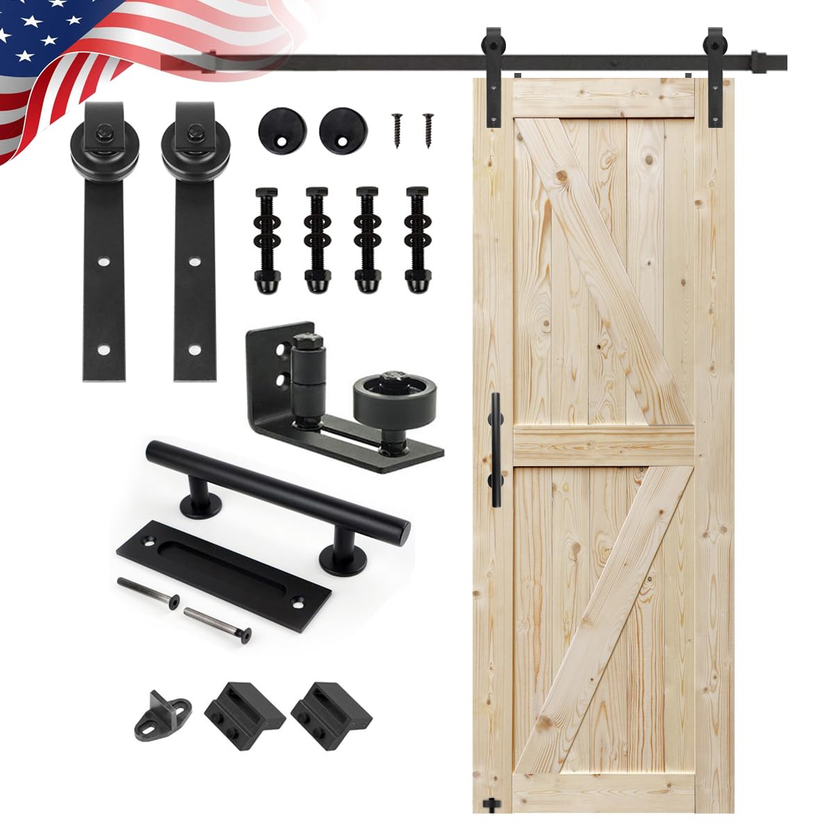 s&z tophand 30 in. x 84 in. unfinished british brace knotty barn door with 5ft sliding door hardware kit/solid wood/sliding door/double surfaces/a simple assembly is required (30, door+j shape)