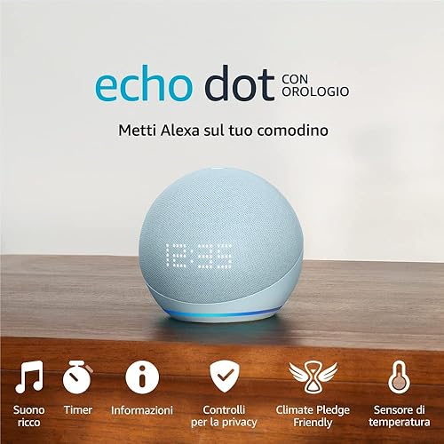 Immagine del prodotto Echo Dot con orologio (5ª generazione, modello 2022) | Altoparlante intelligente Wi-Fi e Bluetooth, suono più potente e dinamico, con orologio e Alexa | Azzurro tenue