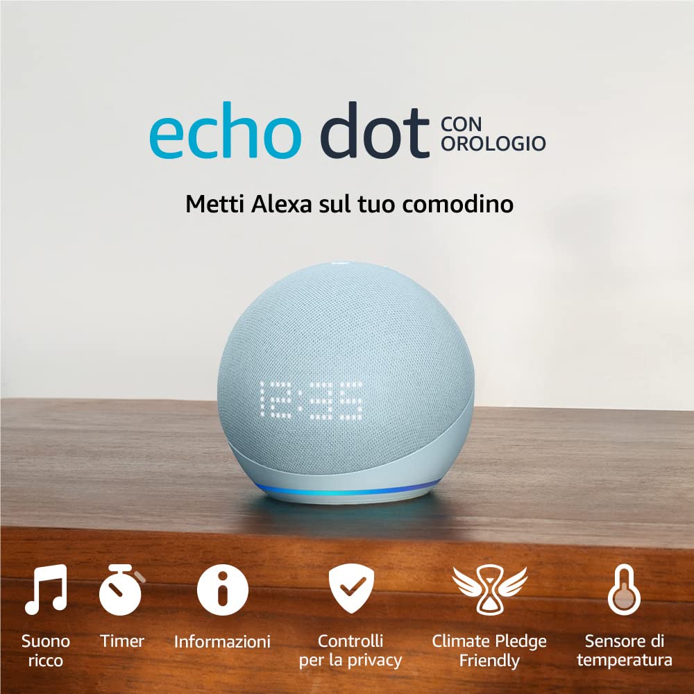 Echo Dot con orologio (5ª generazione, modello 2022) | Altoparlante intelligente Wi-Fi e Bluetooth, suono più potente e dinamico, con orologio e Alexa | Azzurro tenue Azzurro tenue Solo dispositivo