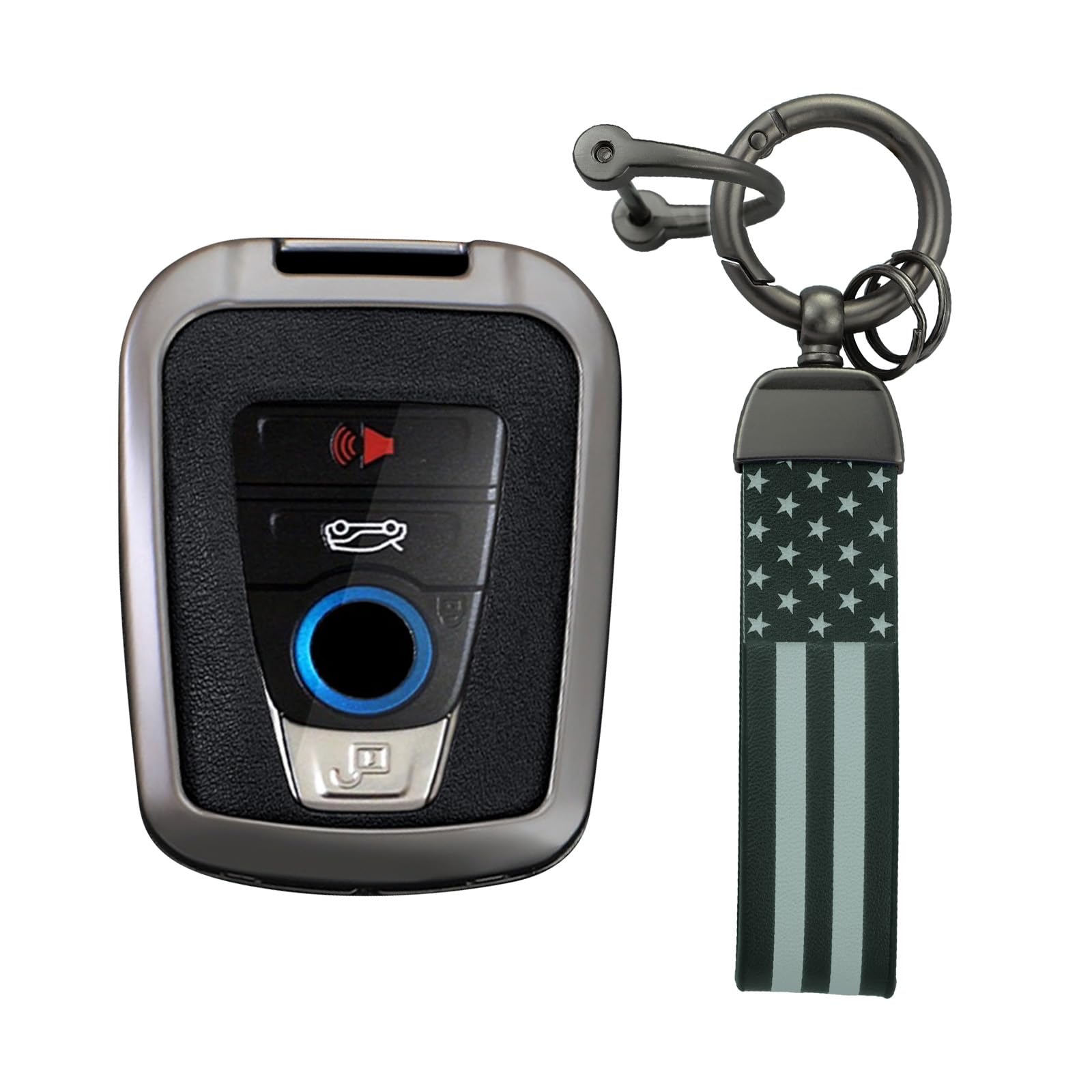 KUNIO PU Leather+Zinc Alloy 4 Button Smart Key Fob Cover Case Fit for BMW 2014-2019 I3 2014-2020 I8 Keyless Key Holder with USA Flag Keychain Car Accessory A Gun Black