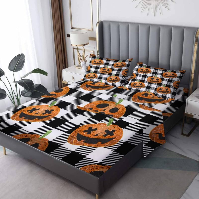 Sábanas de calabaza de Halloween tamaño King, sábanas a cuadros de búfalo blanco y negro para niños y niñas, microfibra suave, bolsillo profundo y