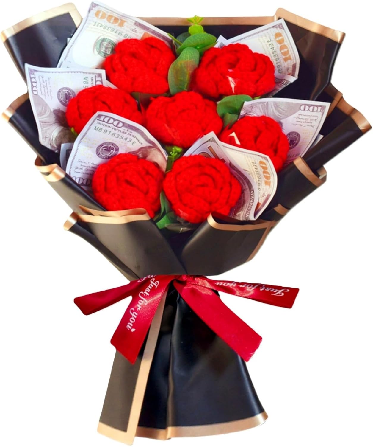 Money Bouquet Kit with Crochet Flower Bouquet, Red Handmade Knitted Flowers, Birthday Party Anniversary Present for Women Wife Sister Mom