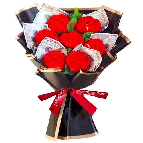 Money Bouquet Kit with Crochet Flower Bouquet, Red Handmade Knitted