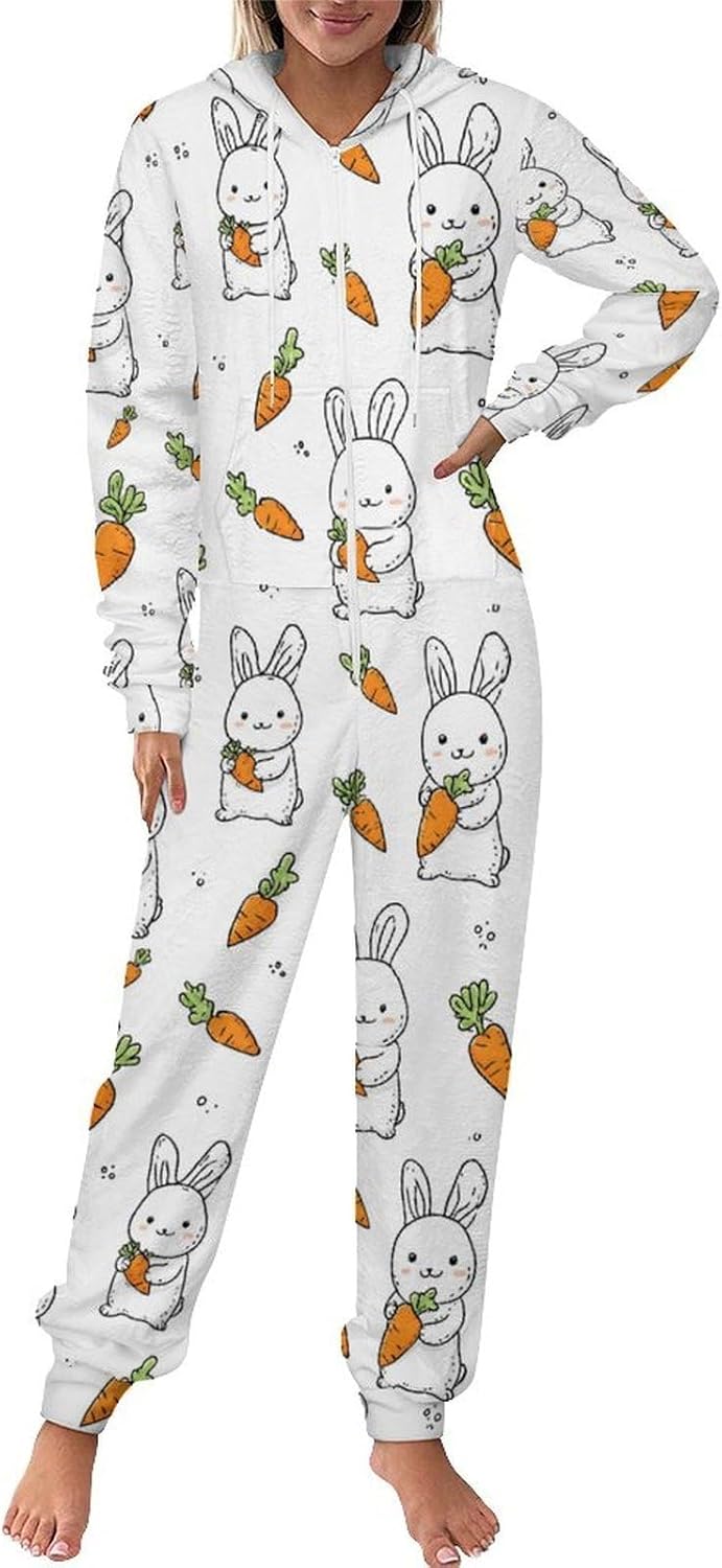 Adult Flannel Hoodie One Pieces Pjs Sets Cute Puffin One-Piece Pajama for Women & Men Soft Warm 4X-Large