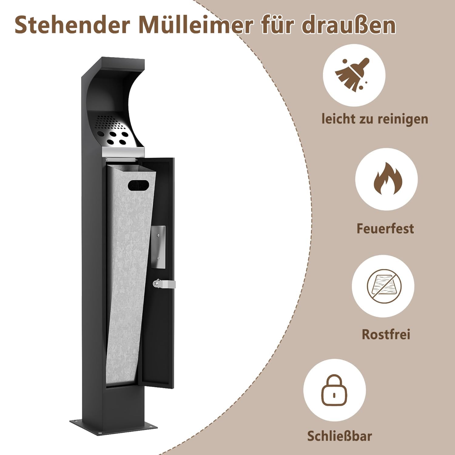 Gewerbe Stahl Papierkorb Outdoor, wasserdicht stehender Mülleimer mit abnehmbarem Inneneimer, große Kapazität robuster Papiereimer für Home Büro Park Hotel Lobby 17x17x93 cm