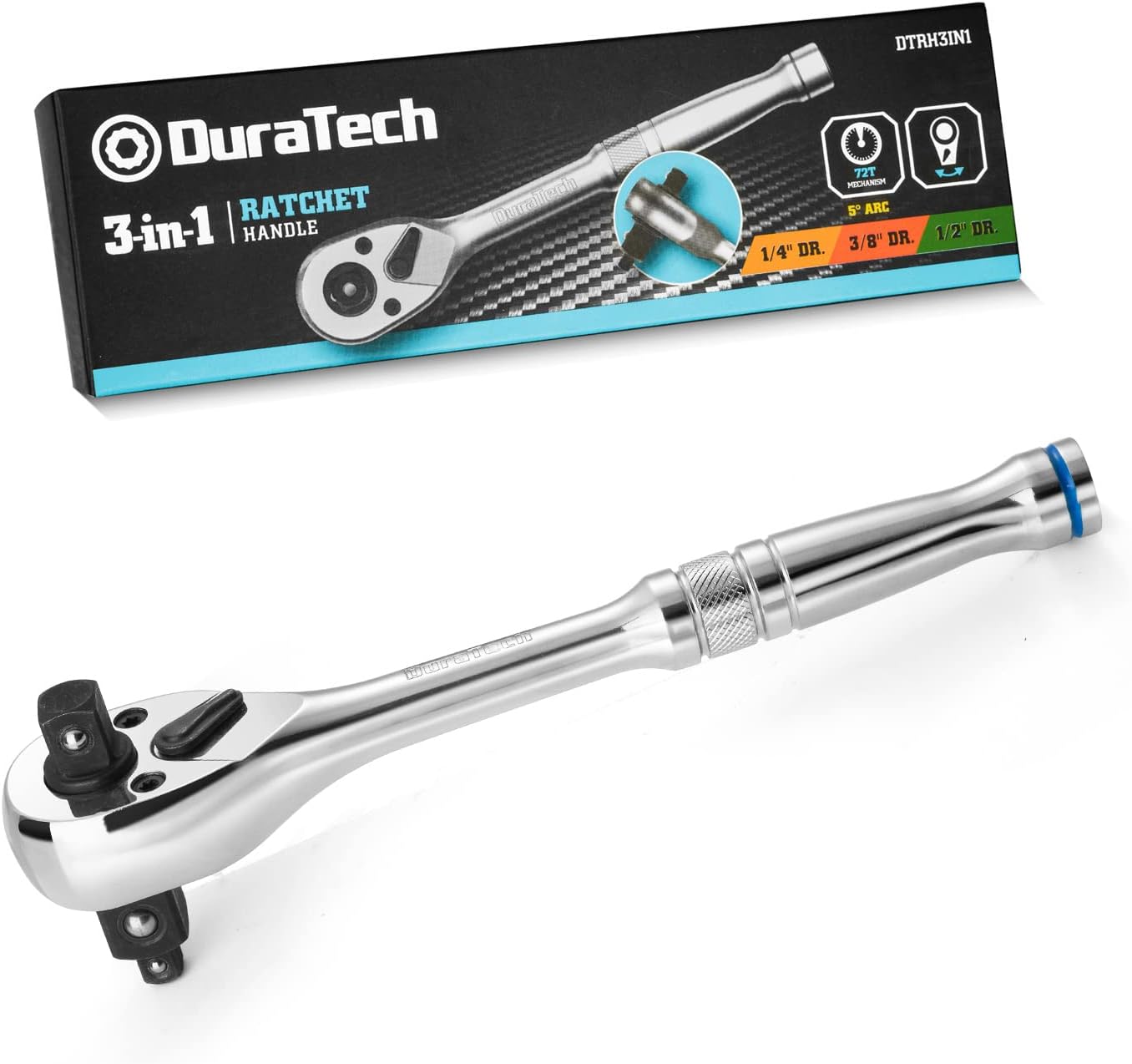 DURATECH 3-IN-1 Ratchet Handle, 1/4", 3/8", 1/2" Drive Ratchet Wrench, 72-Tooth, Reversible Switch, Full-Polished Chrome Plating, Alloy Steel - - 