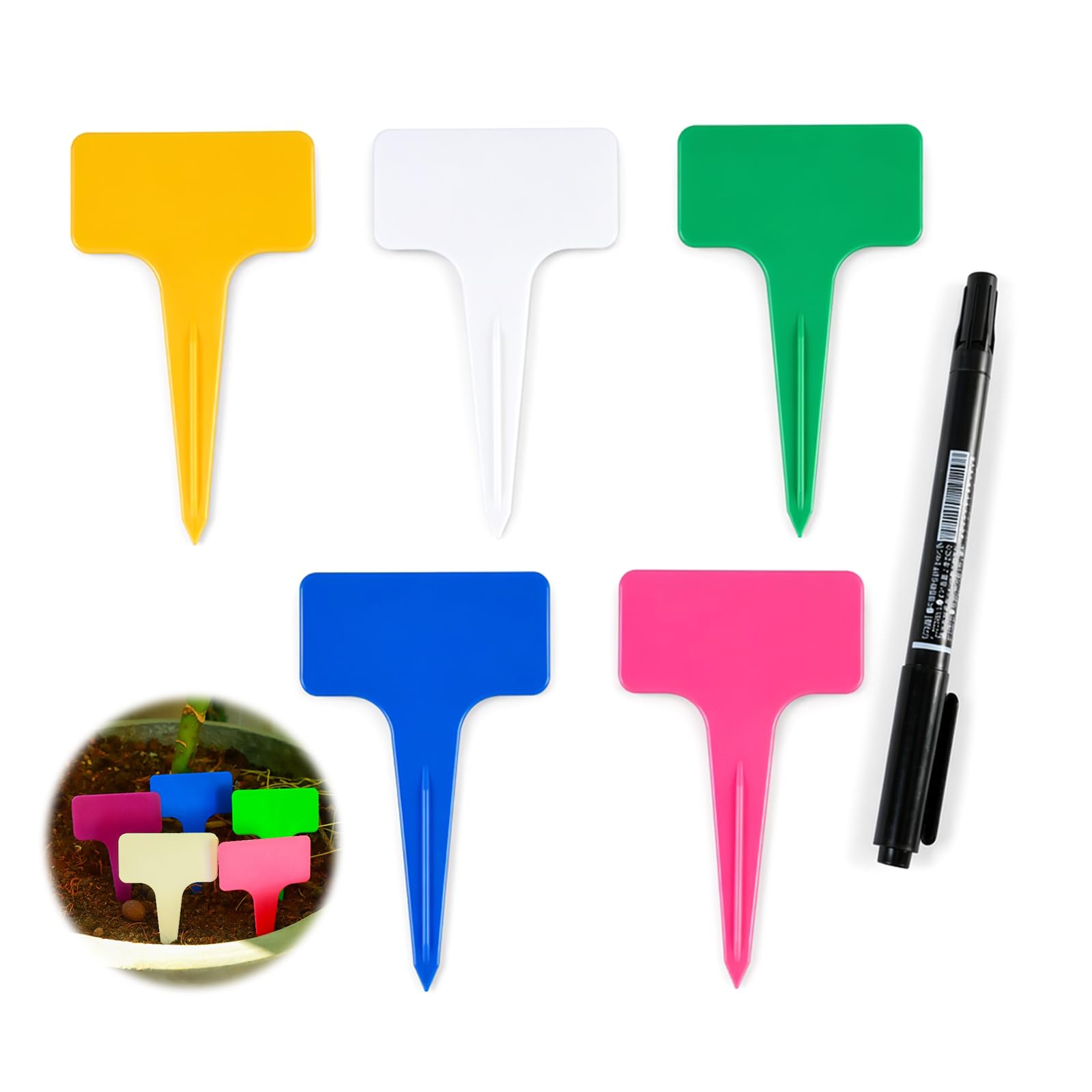 Rovelin 100Pcs Plastic Plant Labels with Marker Pen, 5 Colors T-Type