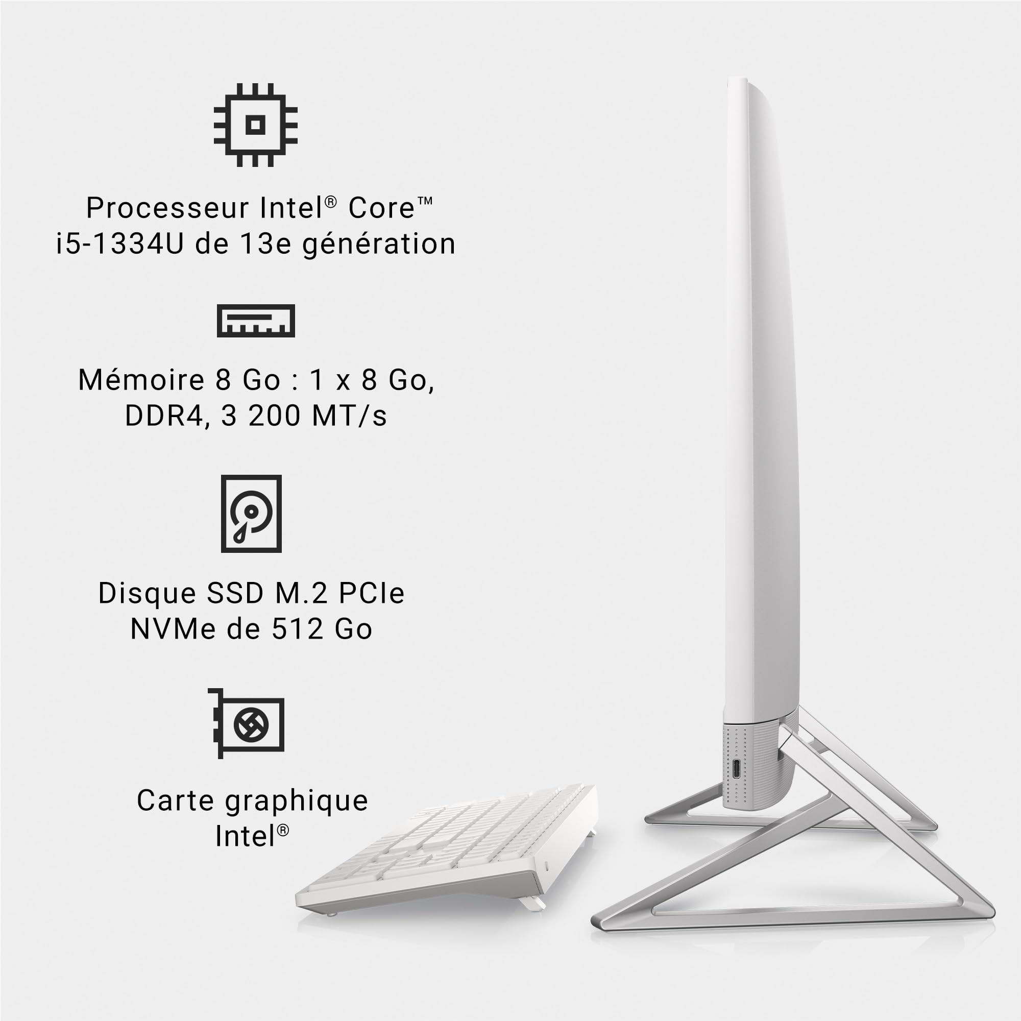 Dell Inspiron 24 5430 Ordinateur de Bureau Tout-en-Un 23.8" FHD, Processeur Intel Core i5-1334U, Graphique Intel, RAM 8Go, SSD 512Go, Windows 11 Home, Clavier Français AZERTY, Blanc