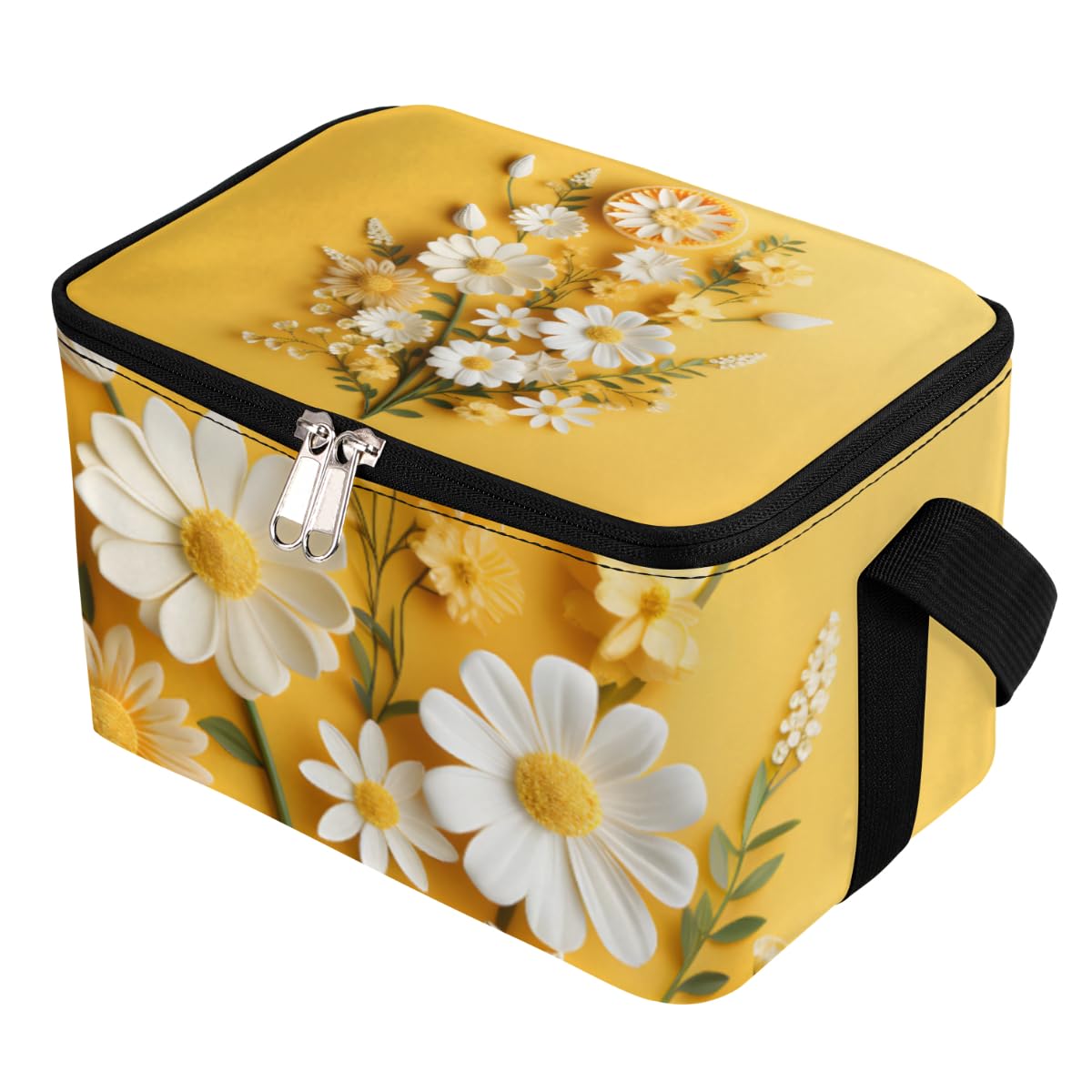 GzLeyigou Lunch Bags for Women Men 9 Cans,White Daisy Hot & Cold Food Delivery Bag Insulated Grocery Bag Insulated Lunch Box Beautiful Bouquet Cooler Bag for Office Work Picnic Beach