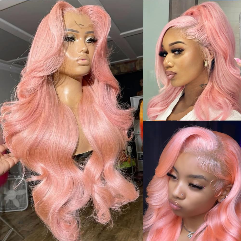 ANDRIA 13x4 HD Lace Front Wigs 28 Inches Pink Body Wave Long Glueless Lace Frontal Wigs Pre-plucked Hairline Synthetic Lace Front Wig With Baby Hair