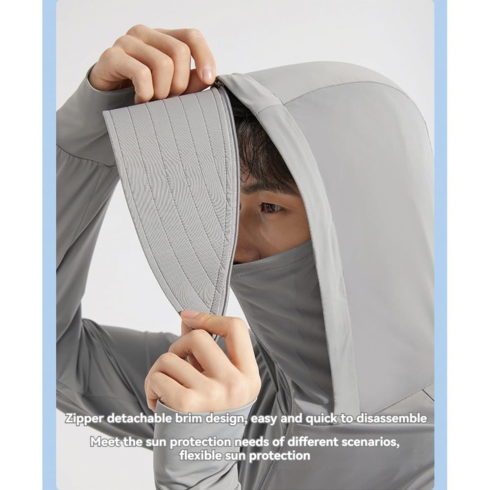 Camiseta de manga larga para hombre, con protección solar UPF50+, de hilo de hielo, desmontable, protección solar, protección contra rayos UV