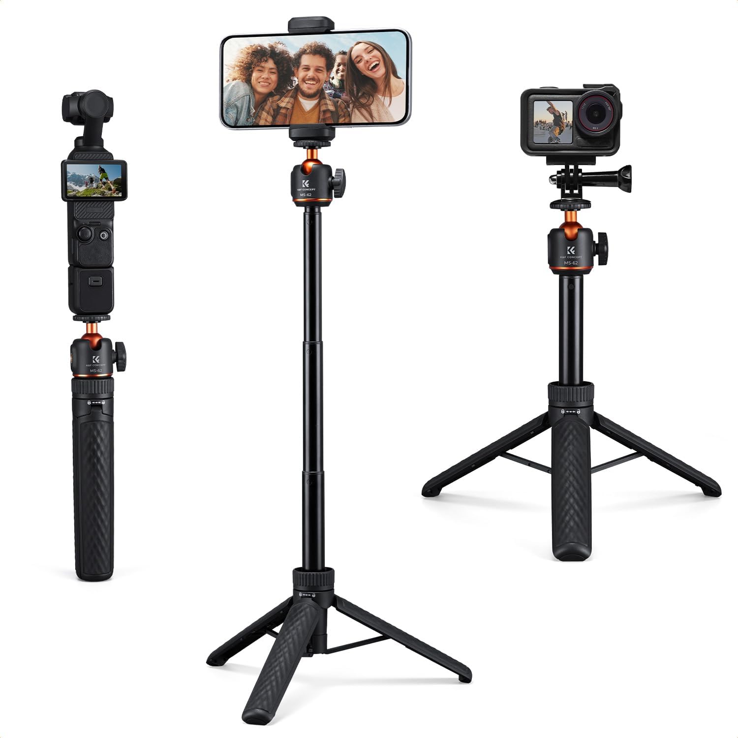 K&F CONCEPT MS62 25.6'' Mini Selfie Stick Tripod Stand, 5 Levels 360° Ball Head Pocket Tripod with Cold Shoe, Small Tripod Compatible with DJI Osmo Pocket 4/3 Action 5 Pro GoPro Hero13 Smartphone.