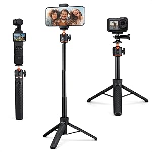 K&F CONCEPT MS-62 Selfie Stick, 25'' Lightweight Portable Phone Tripod with 1/4" Screw Interface, 360° Ball Head, iPhone Tripod Compatible with DJI Osmo Pocket 4 Pocket 3 Action 5 Pro GoPro Hero13 | 5 Levels 360° Ball Head, Cold Shoe, Compatible with