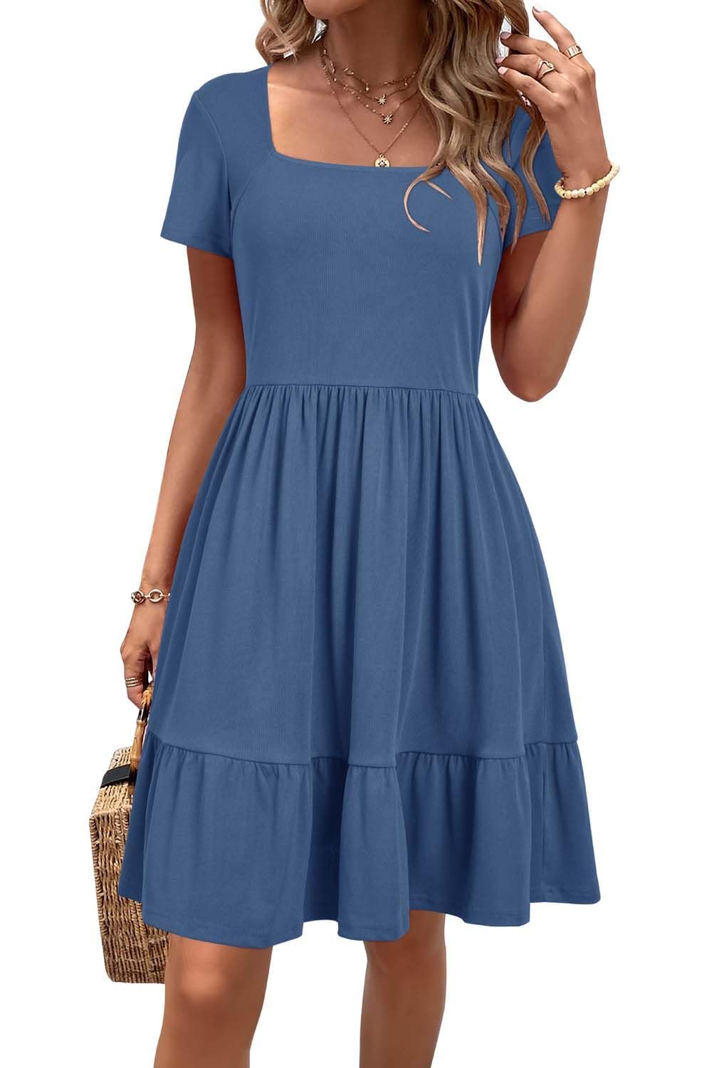 Newshows Sommerkleid Damen Knielang Sommer Kurzarm Kleid Quadratischer Ausschnitt Elegant Strandkleid Mit Taschen