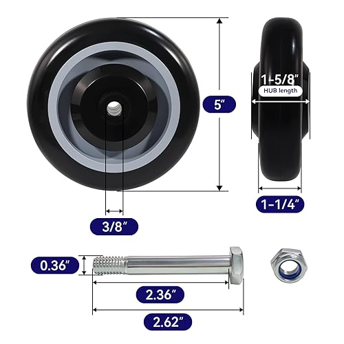 Miniatura 9 de Ruedas de carrito de compras de 5 pulgadas, ruedas de repuesto de eje de 516 pulgadas, ruedas de poliuretano para carrito de 1400 libras de