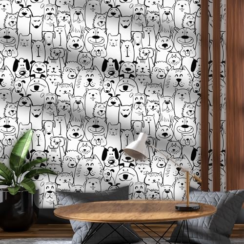 ICYEHAO Selbstklebende Tapete Tiere,44 x 600cm Tapete Schwarz Weiss Hund Katze und Schaf Tapeten Kinderzimmer klebetapete Möbelfolie… – Ansicht 6
