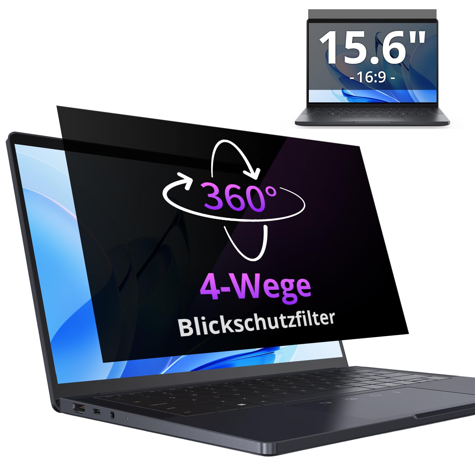 IPROKKO 360° Blickschutzfolie für 15.6 Zoll, 16:9 Seitenverhältnis Anti Blaulicht Blendschutz Blickschutzfolie Displayschutz Blickschutzfilter für 15.6 Hp/Dell/Acer/Lenovo/ThinkPad/Asus